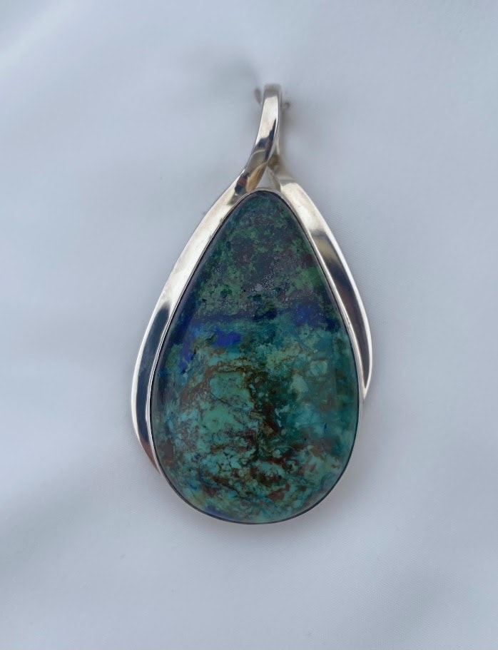 Azurite and Chrysocolla cabochon pendant, sterling silver