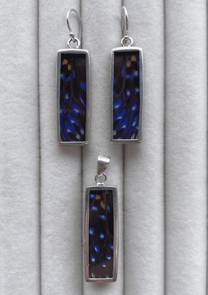 Earrings made from blue and black butterfly wings encased in glass and sterling silver.