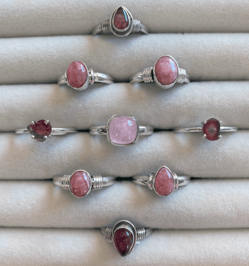 an assortment of sterling silver gemstonerings, including tourmaline, rhodochrosite, watermelon tourmaline and morganite