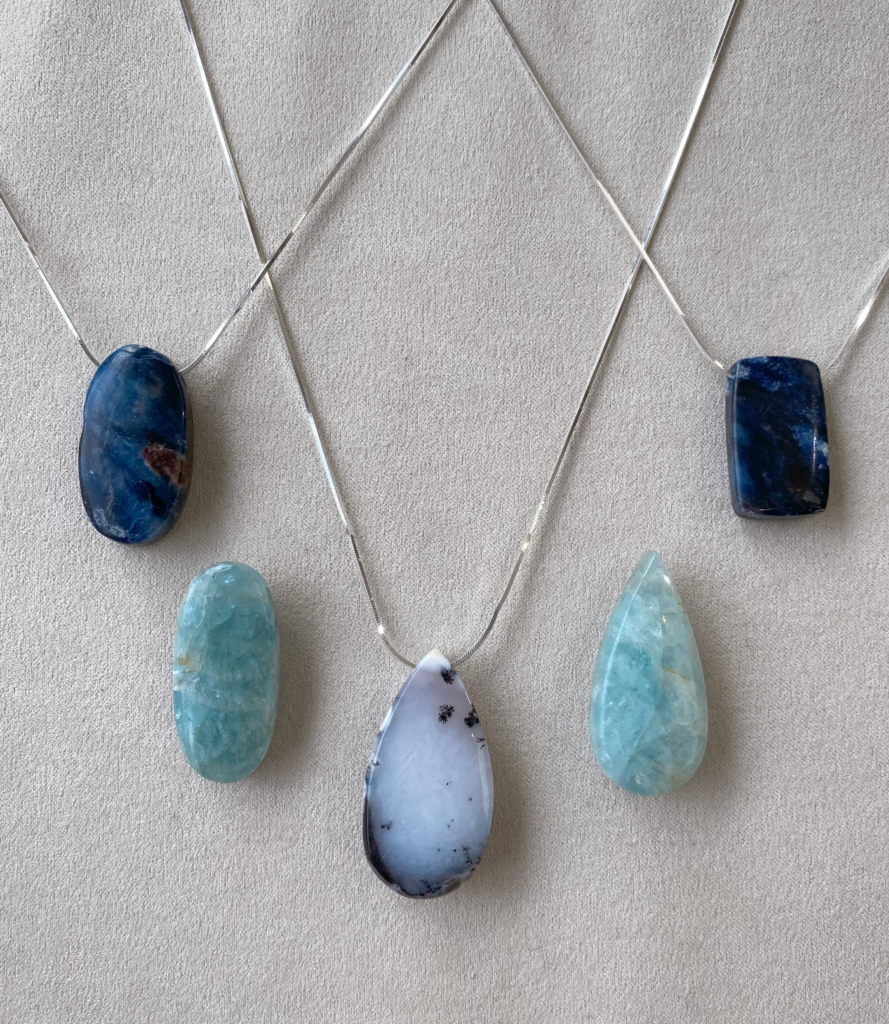 Simple gemstone bead pendants made of Troilite, Aquamarine, and dendritic Agate on sterling silver chains
