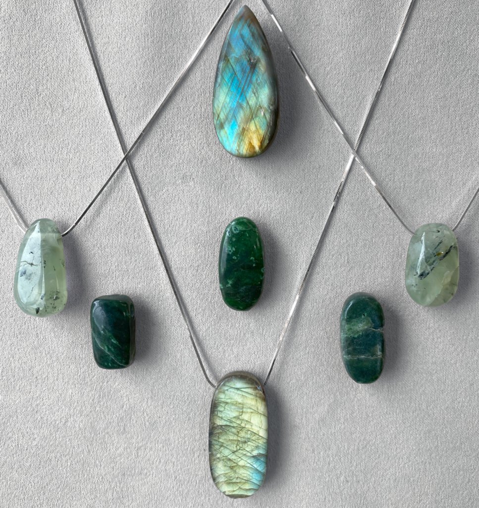 Simple gemstone bead pendants made of Labradorite, Jade, and Prehnite on sterling silver chains